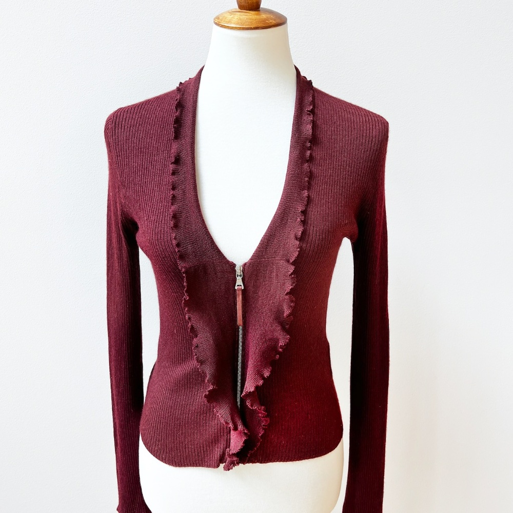 Prada Aubergine Cashmere Silk Deep V Ribbed Ruffle Neck Zipper Cardigan